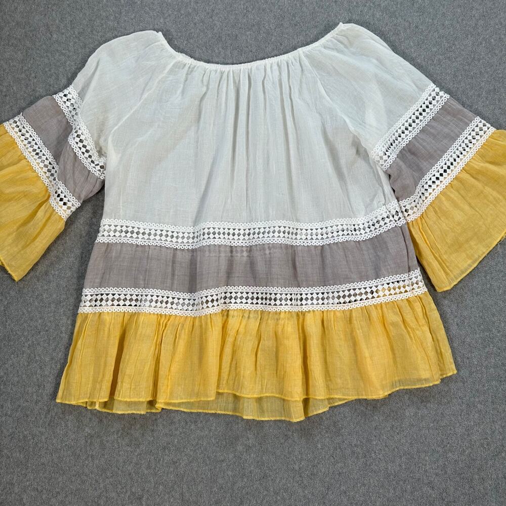 Kaktus Off Shoulder Peasant Top Womens Large Lace Color Block Flounce 3/4 Sleeve
